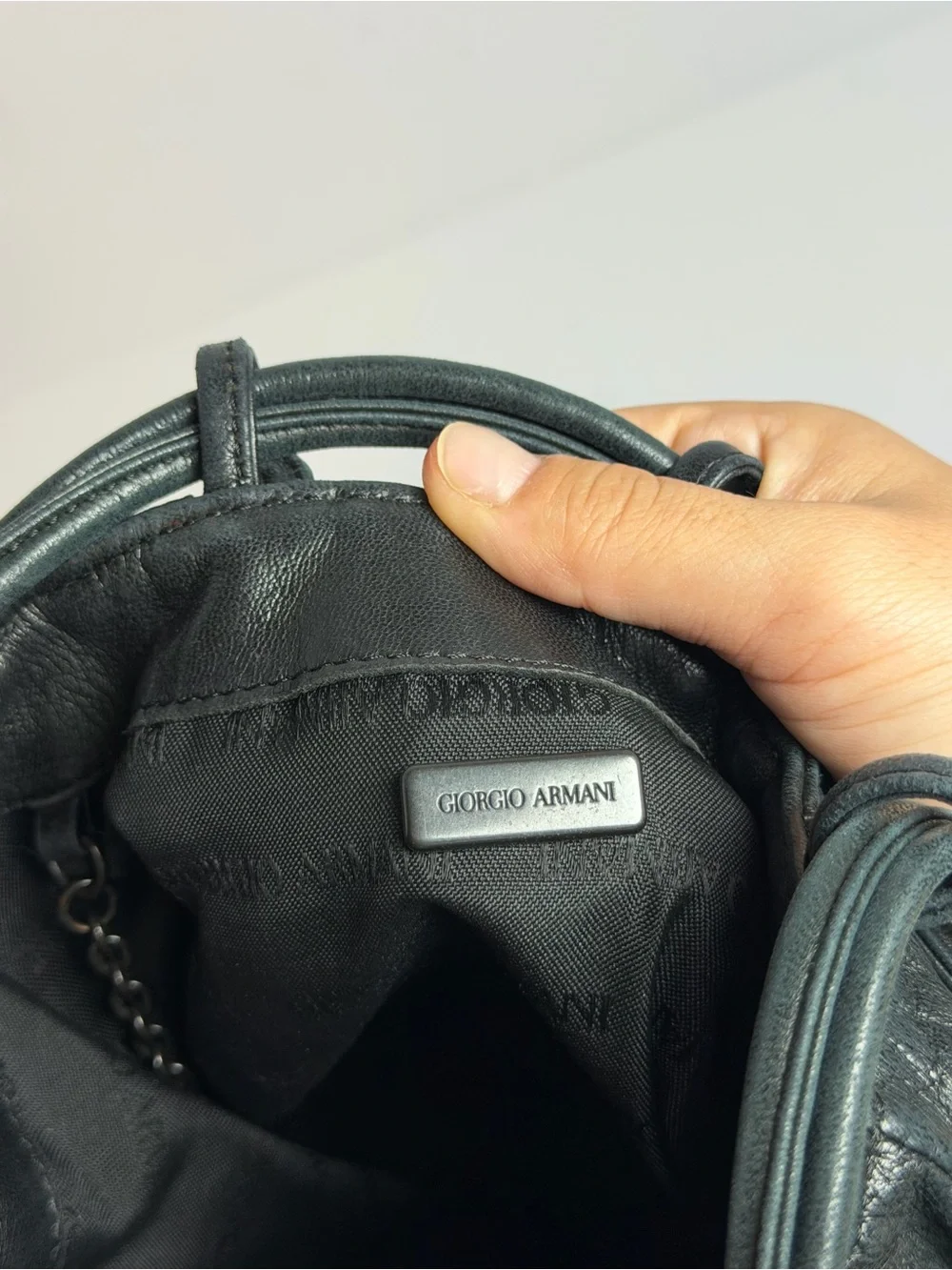 Giorgio Armani Drawstring Black Pleated Leather Bucket Bag